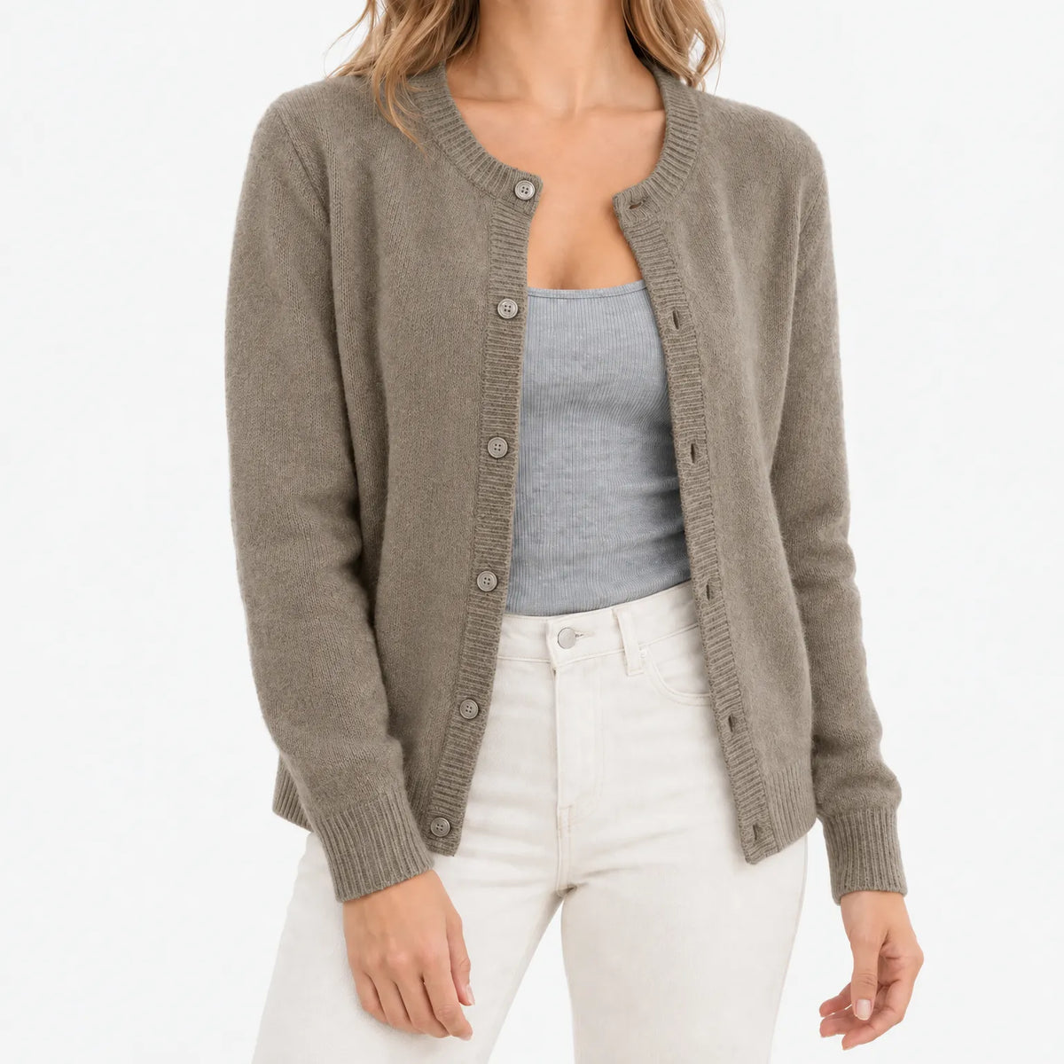 Women's crew neck knitted cardigan with long sleeves and button front