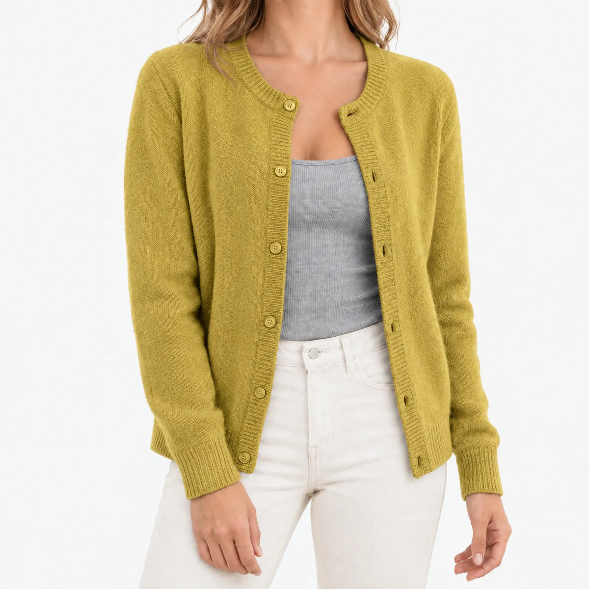 Women's crew neck knitted cardigan with long sleeves and button front