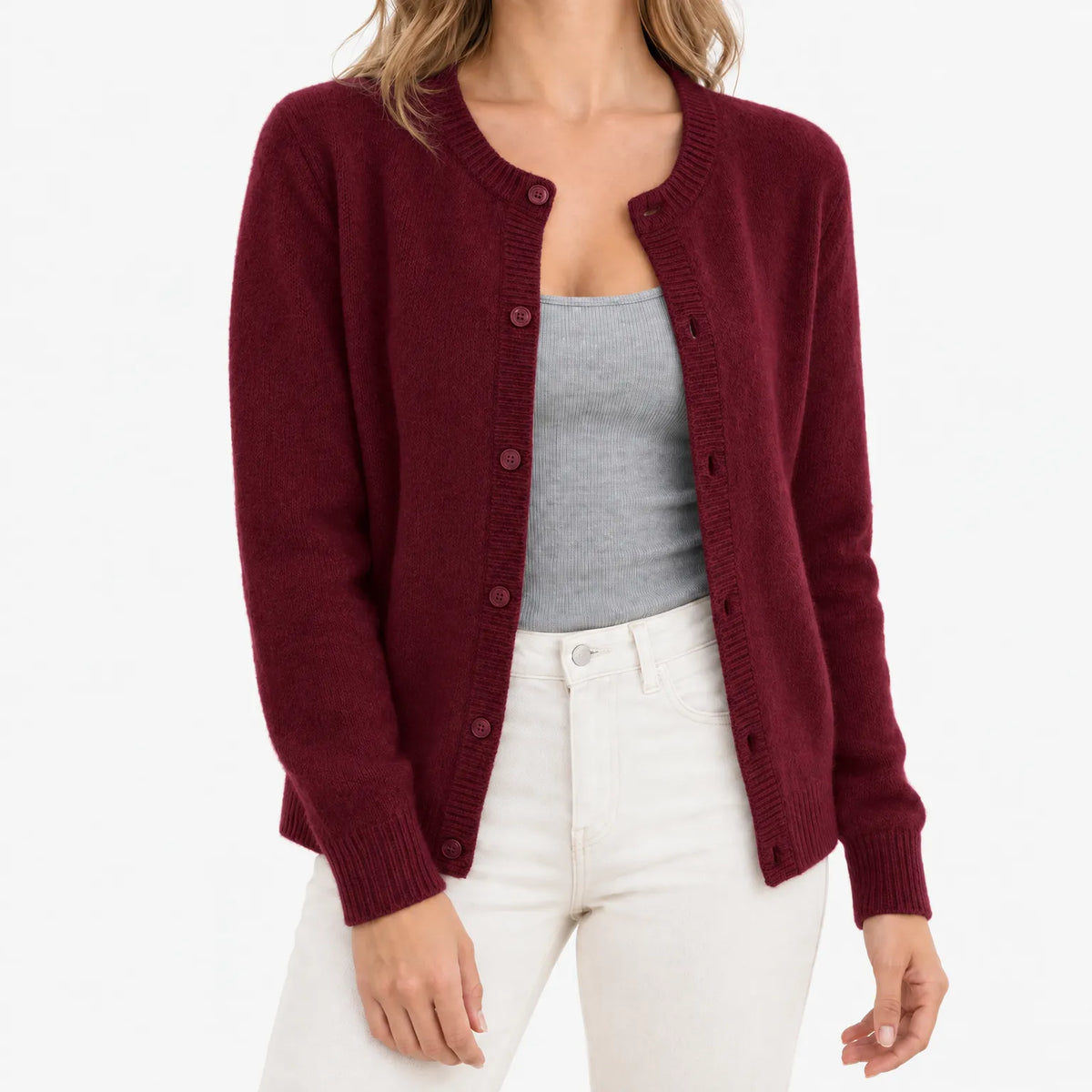 Women's crew neck knitted cardigan with long sleeves and button front