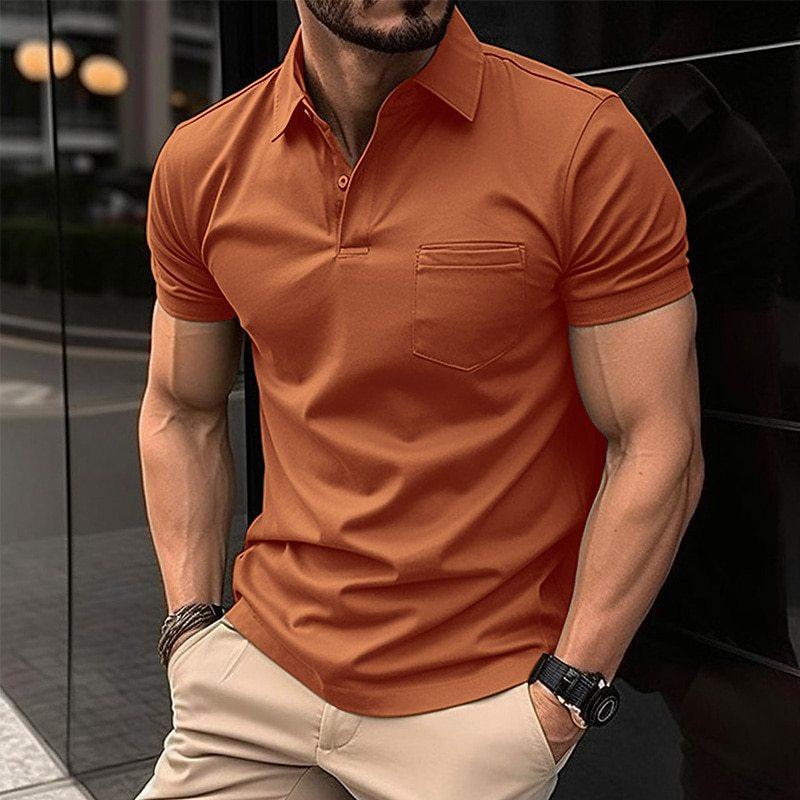 Men's short sleeve polo shirt with pointed collar and chest pocket