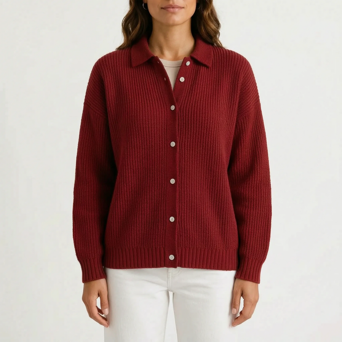 Women's ribbed knit cardigan with pointed collar and button front