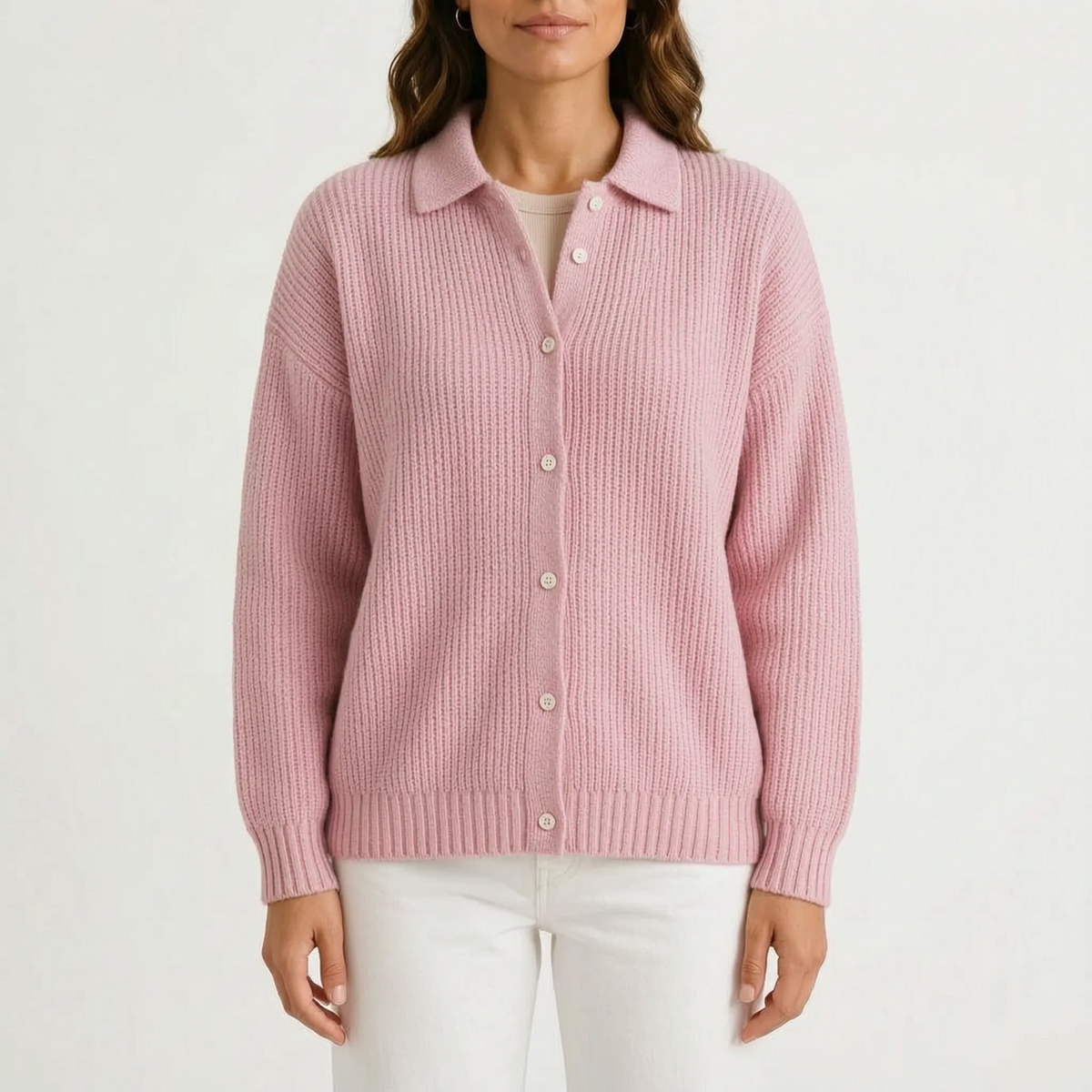 Women's ribbed knit cardigan with pointed collar and button front