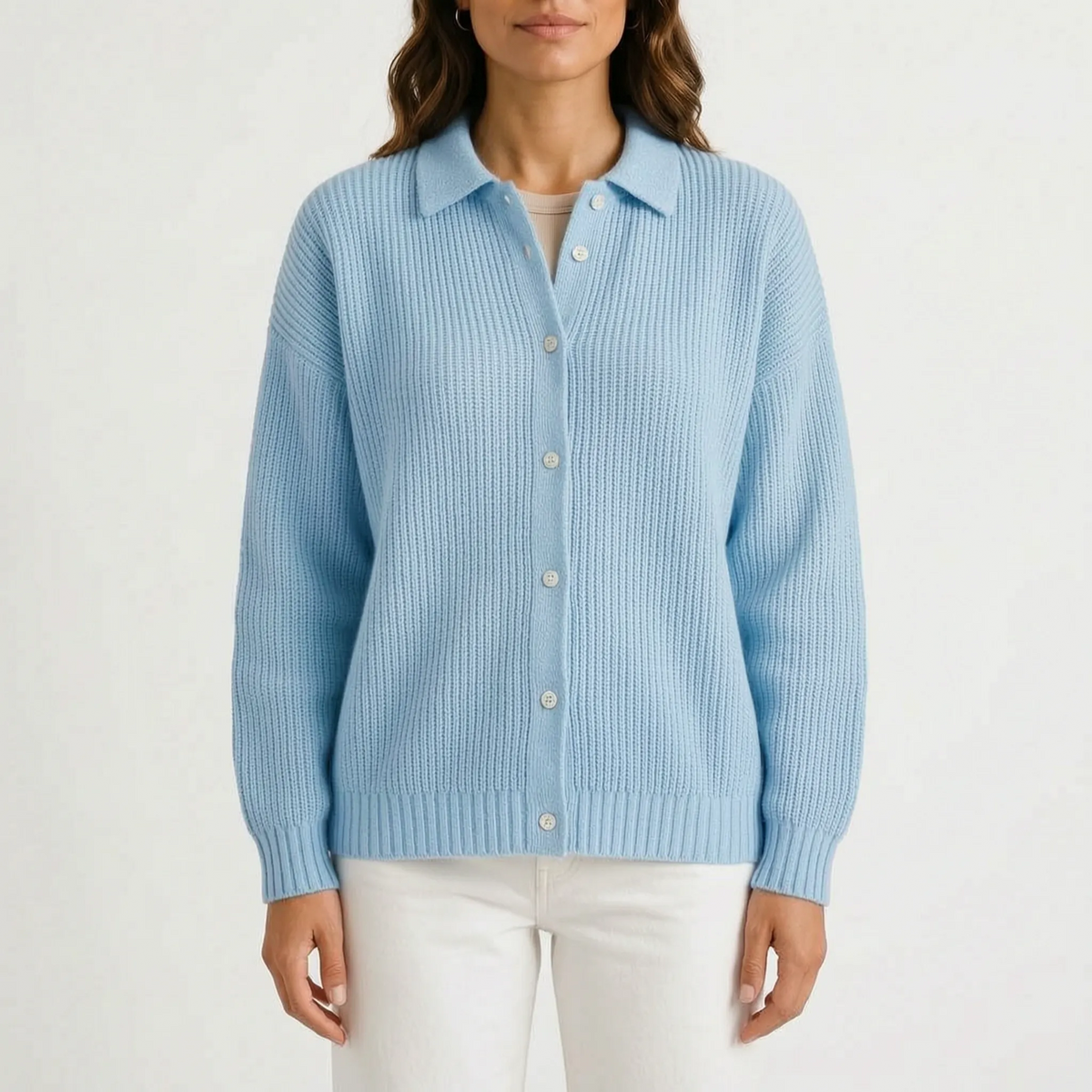 Women's ribbed knit cardigan with pointed collar and button front