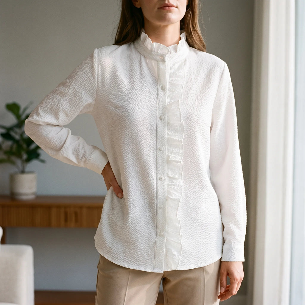 Ruffella  - Ruffle Front Button-Up Blouse Office Styling