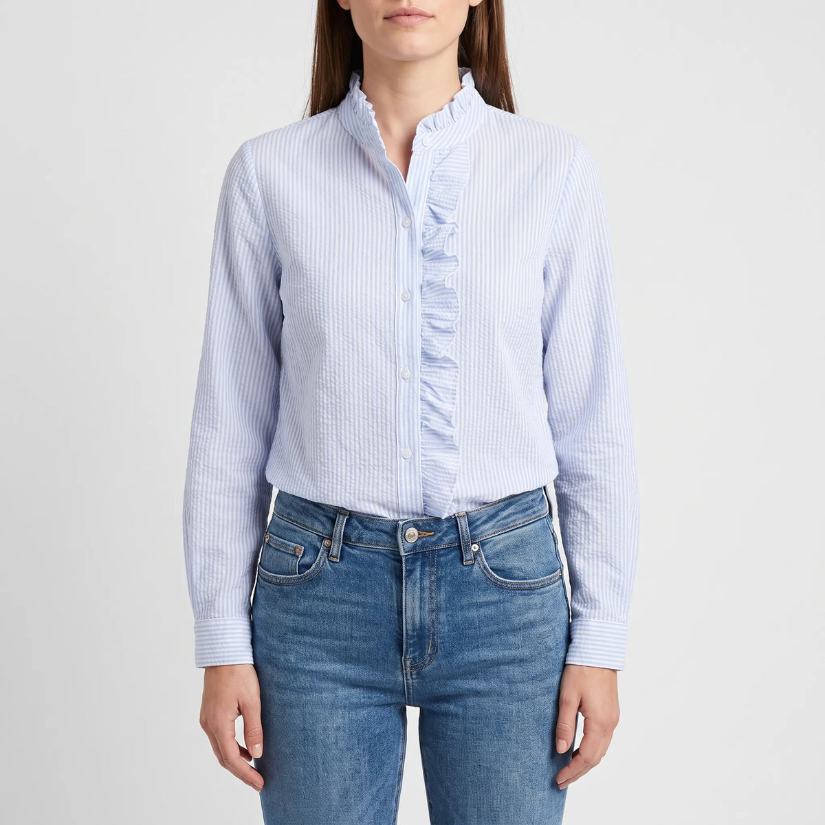 Ruffella  - Ruffle Front Button-Up Blouse Office Styling