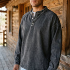 Men's long sleeve washed Henley shirt with stand collar and button placket