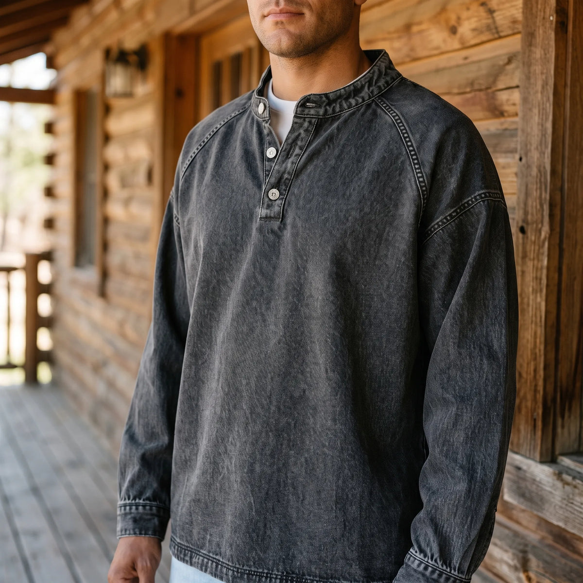 Men's long sleeve washed Henley shirt with stand collar and button placket
