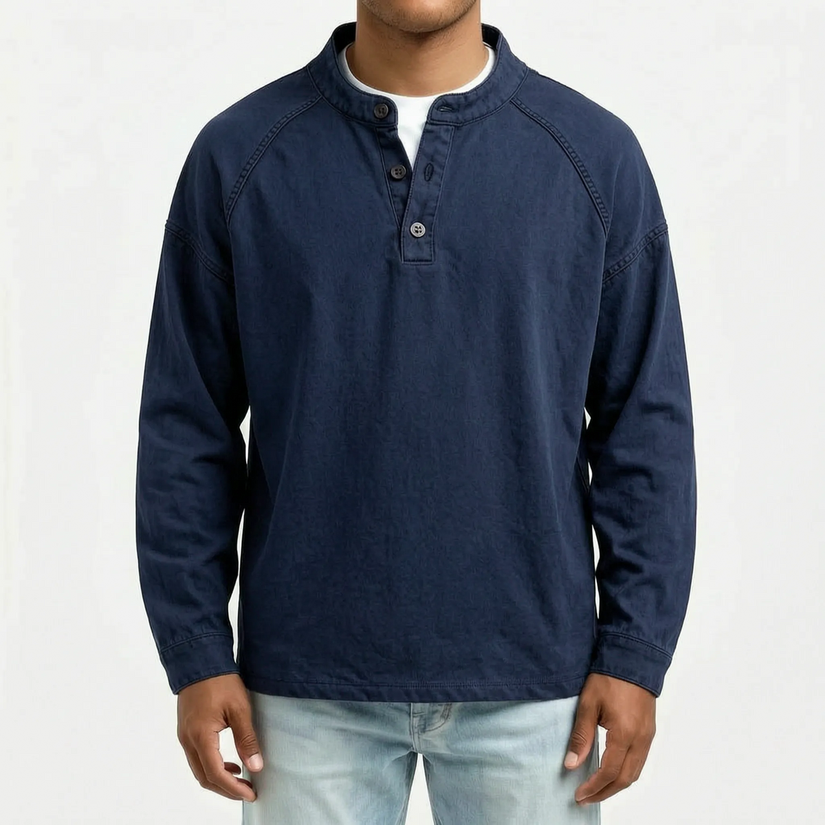 Men's long sleeve washed Henley shirt with stand collar and button placket