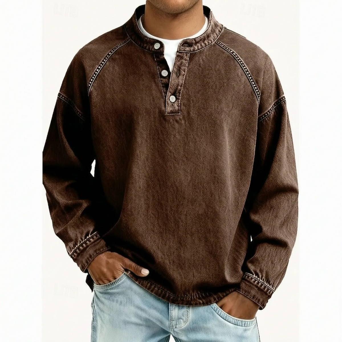 Men's long sleeve washed Henley shirt with stand collar and button placket