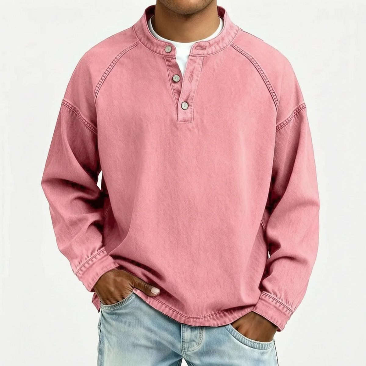 Men's long sleeve washed Henley shirt with stand collar and button placket
