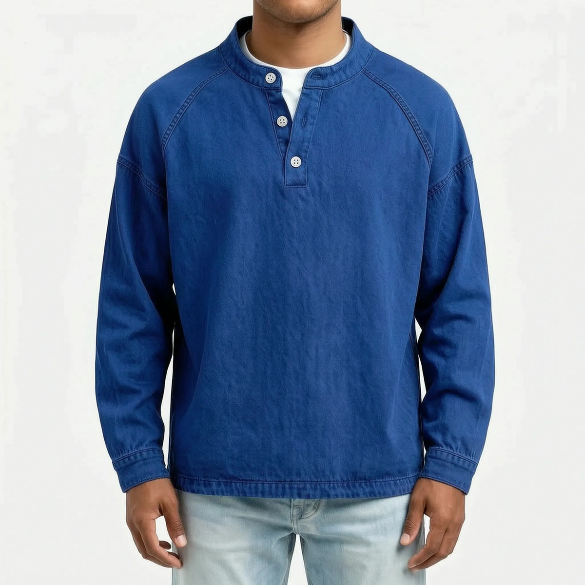 Men's long sleeve washed Henley shirt with stand collar and button placket