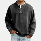 Men's long sleeve washed Henley shirt with stand collar and button placket