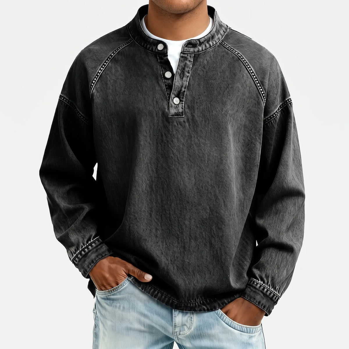 Men's long sleeve washed Henley shirt with stand collar and button placket