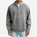 Men's long sleeve washed Henley shirt with stand collar and button placket