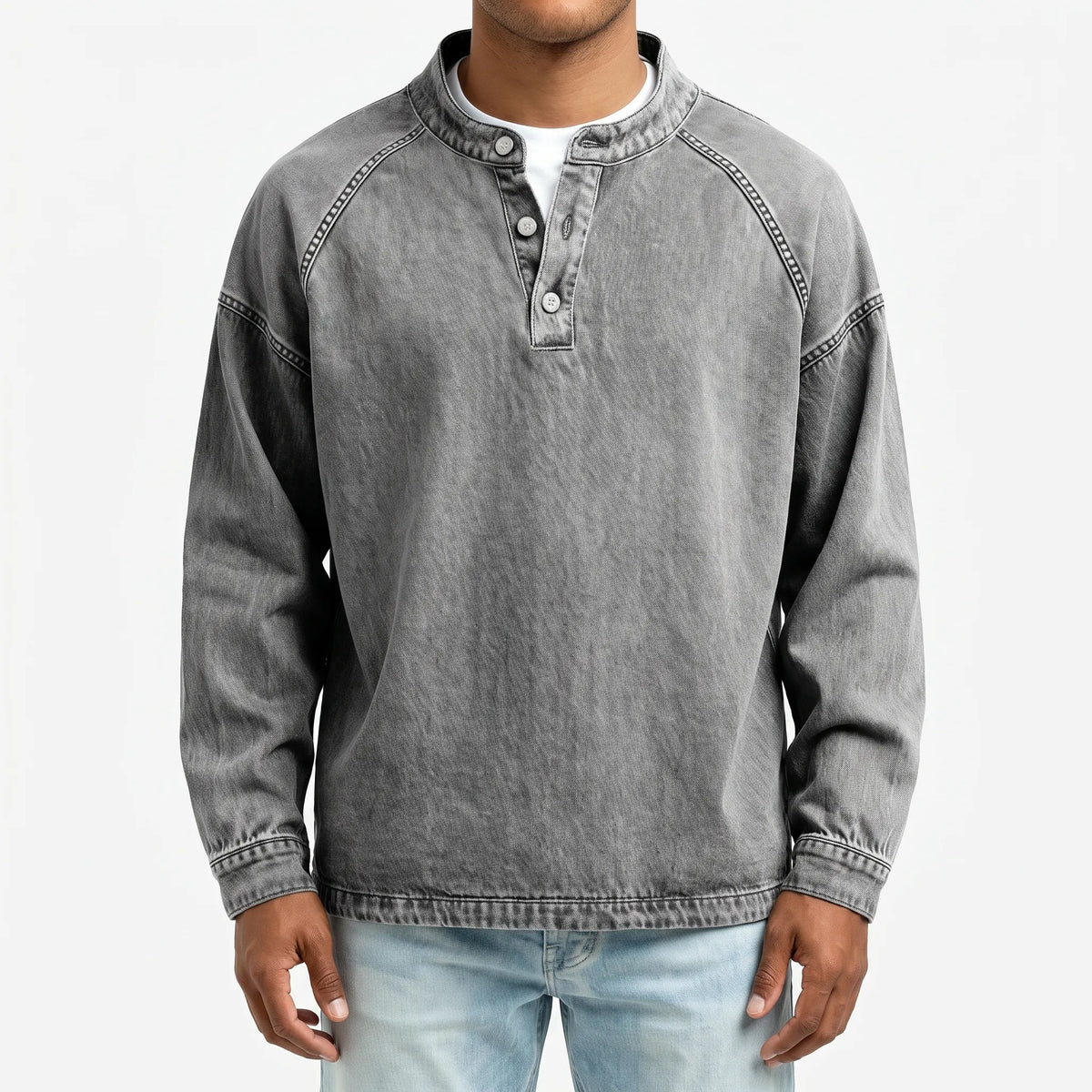 Men's long sleeve washed Henley shirt with stand collar and button placket