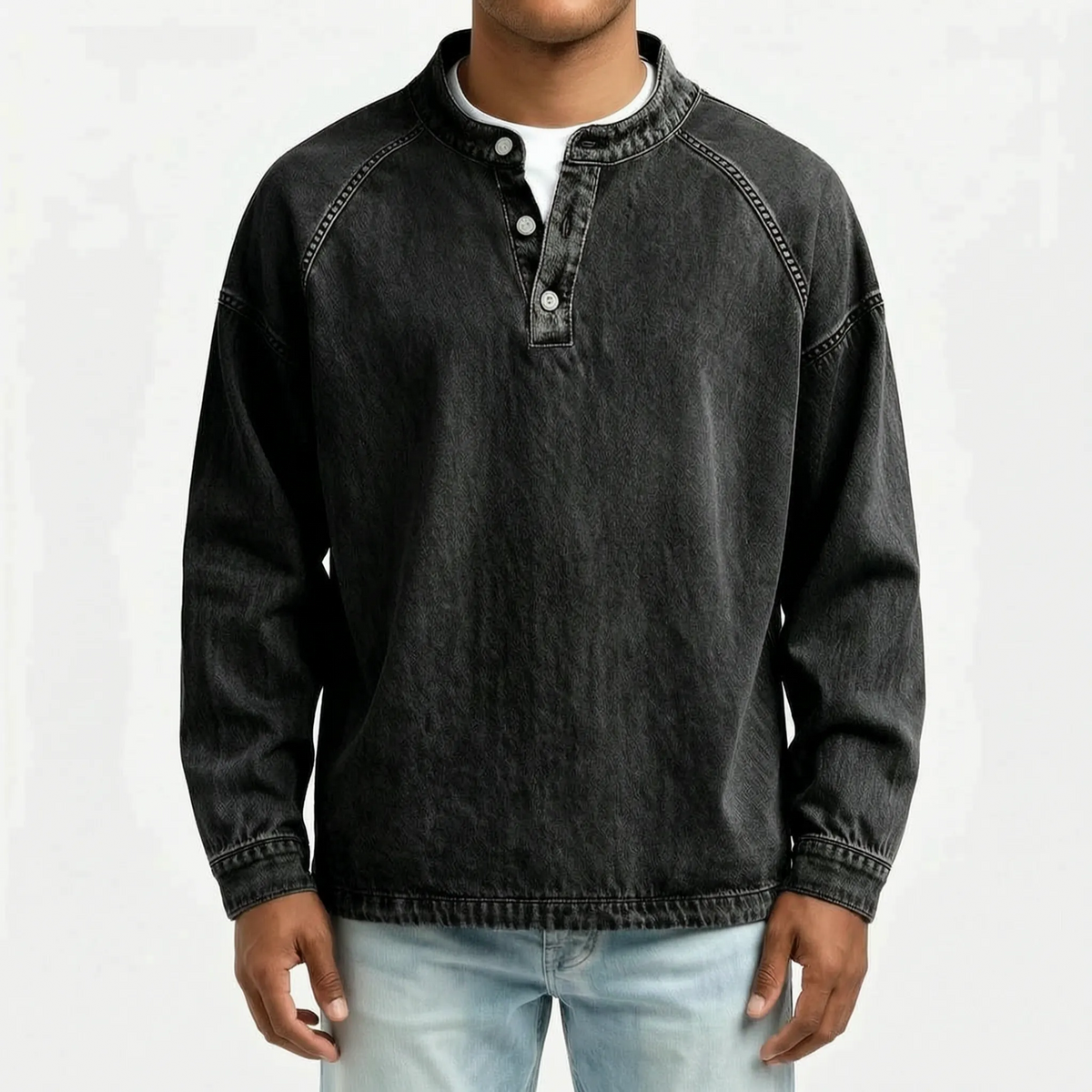 Men's long sleeve washed Henley shirt with stand collar and button placket
