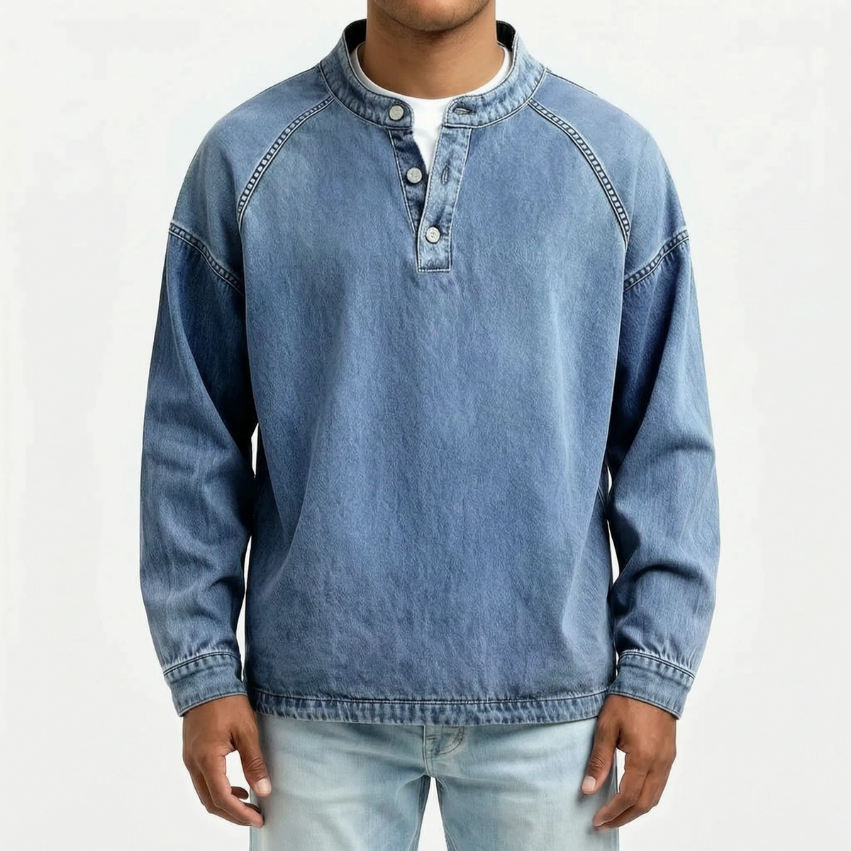 Men's long sleeve washed Henley shirt with stand collar and button placket