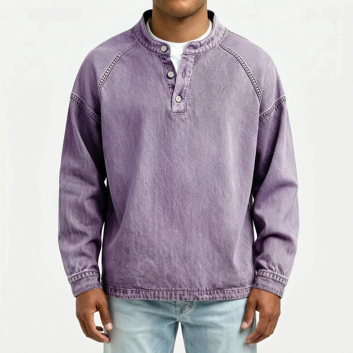 Men's long sleeve washed Henley shirt with stand collar and button placket