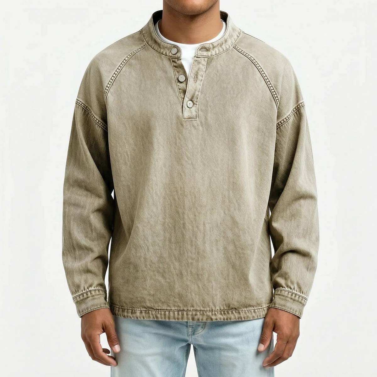 Men's long sleeve washed Henley shirt with stand collar and button placket