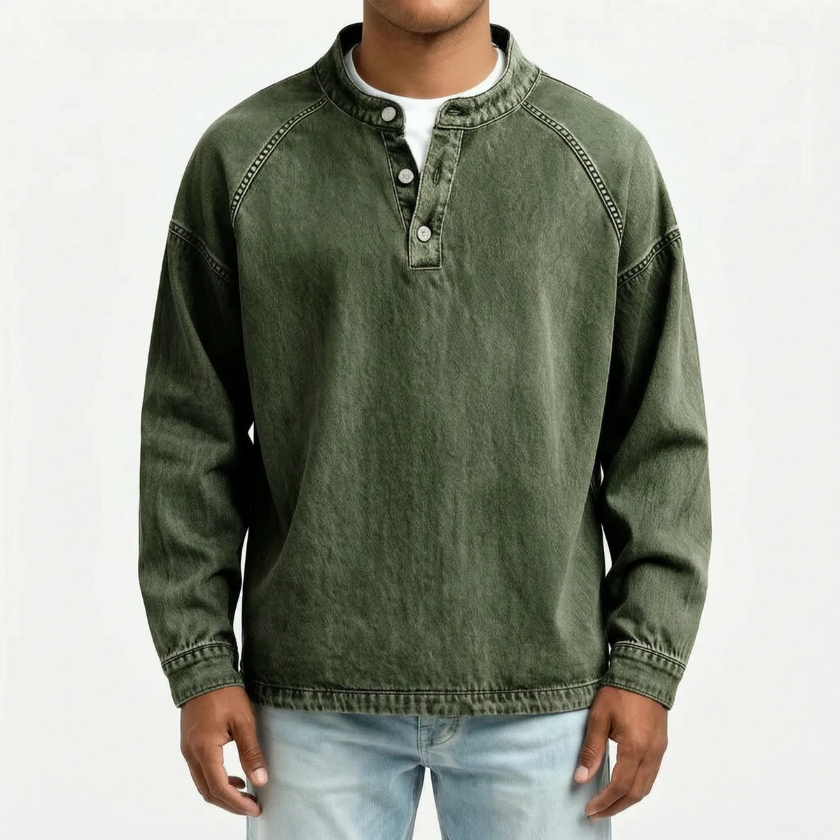 Men's long sleeve washed Henley shirt with stand collar and button placket