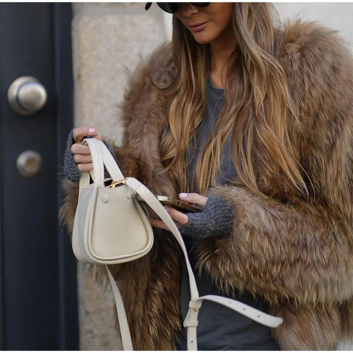 Women's brown shaggy textured jacket with long sleeves and open front