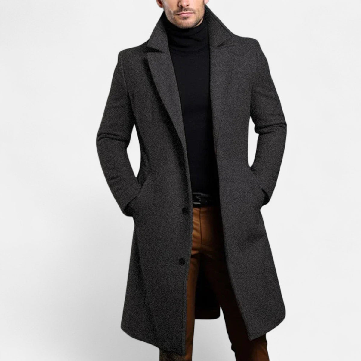 Men's long structured coat with notched lapels, button front and side pockets
