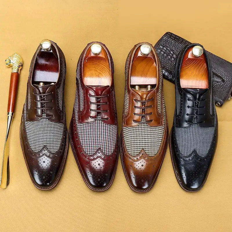 Men's brogue Oxford shoes with wingtip detailing and houndstooth panels