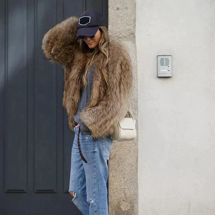 Women's brown shaggy textured jacket with long sleeves and open front
