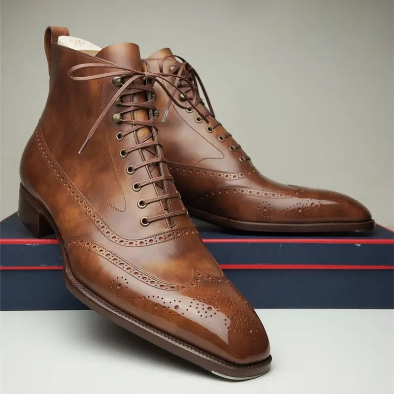 Men's ankle brogue boots with lace-up fronts, perforated detailing and low heels