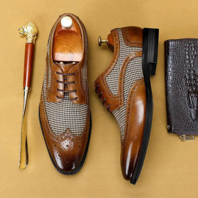 Men's brogue Oxford shoes with wingtip detailing and houndstooth panels