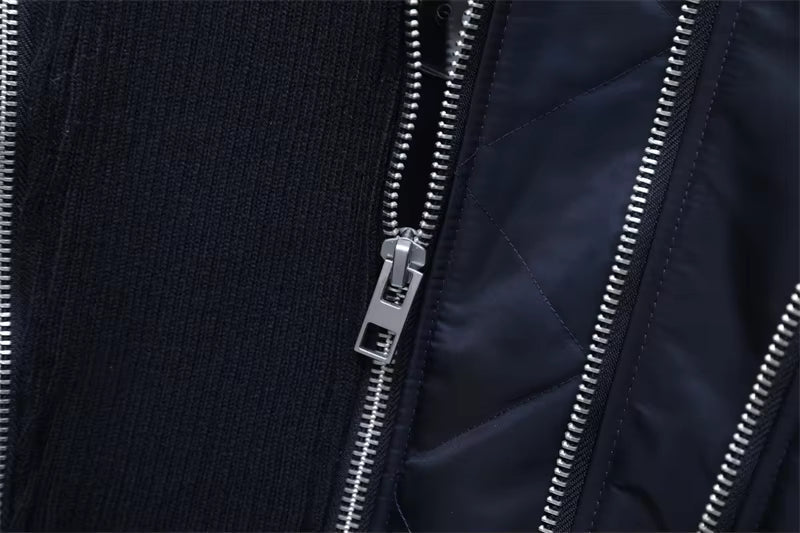Women's navy cropped bomber jacket with ribbed collar and full zip
