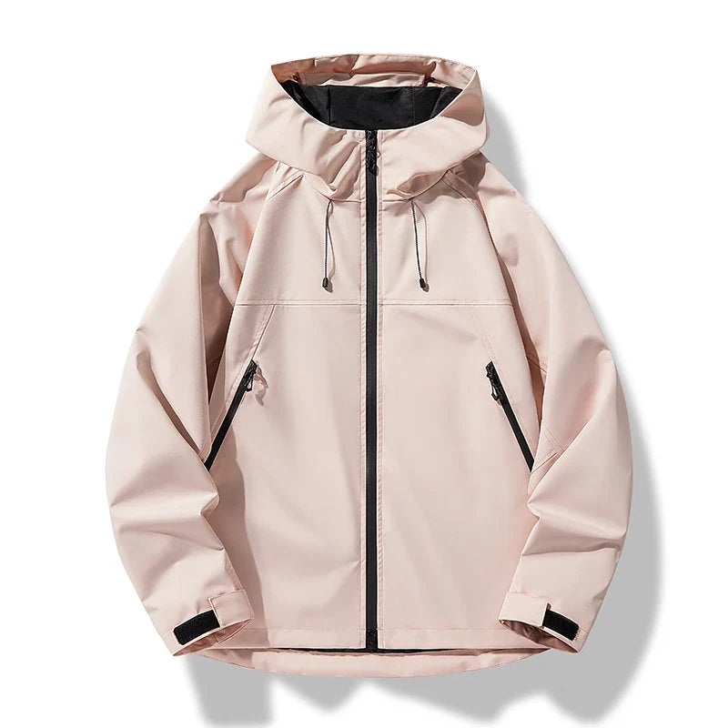 Men's hooded shell jacket with zip front and angled zipped pockets