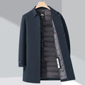 Men's plain trench coat jacket with long sleeves, snap front and quilted lining