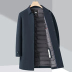 Men's plain trench coat jacket with long sleeves, snap front and quilted lining