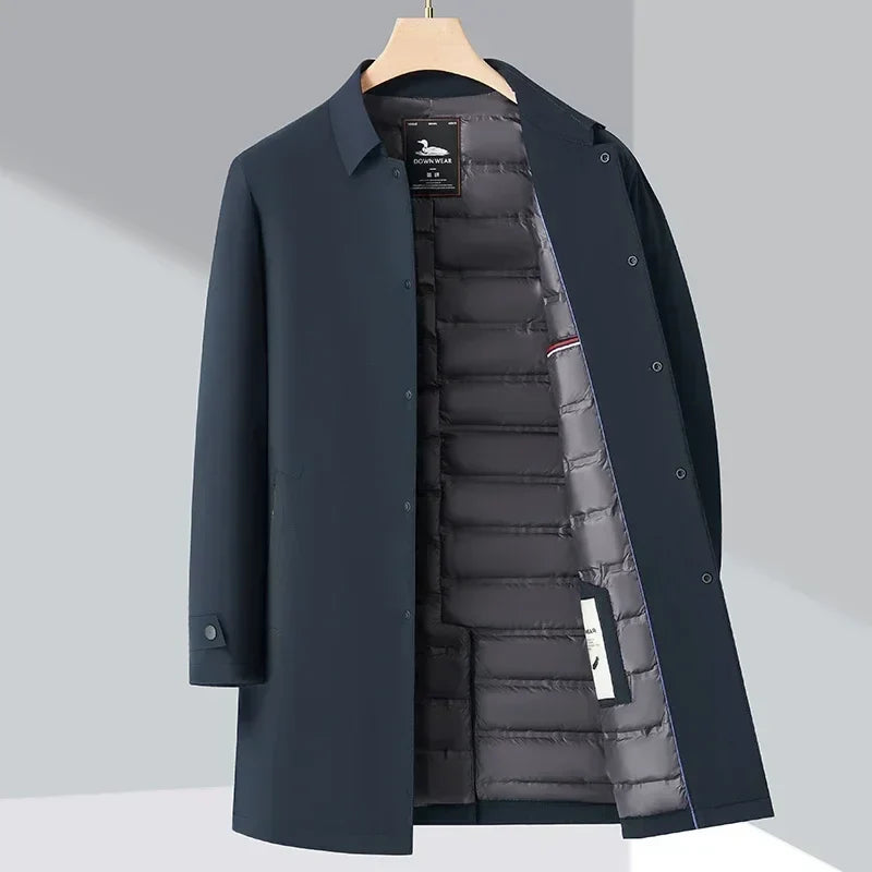 Men's plain trench coat jacket with long sleeves, snap front and quilted lining