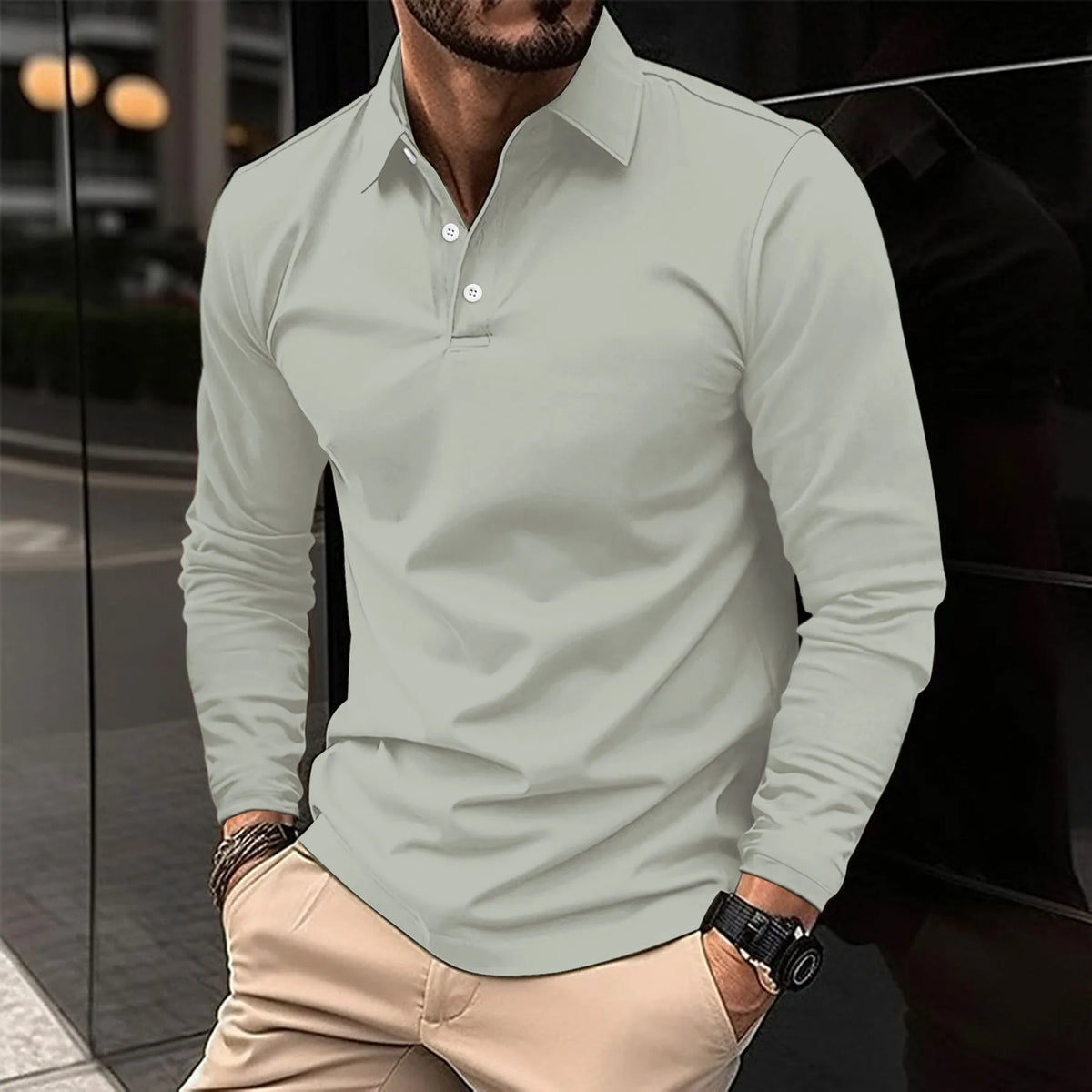 Men's long sleeve polo shirt with pointed collar and button placket