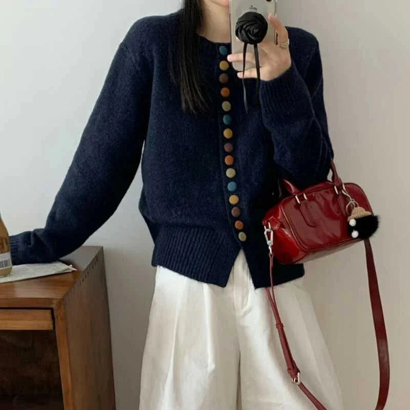 Women's long-sleeve button front cardigan with ribbed trims and multicoloured buttons