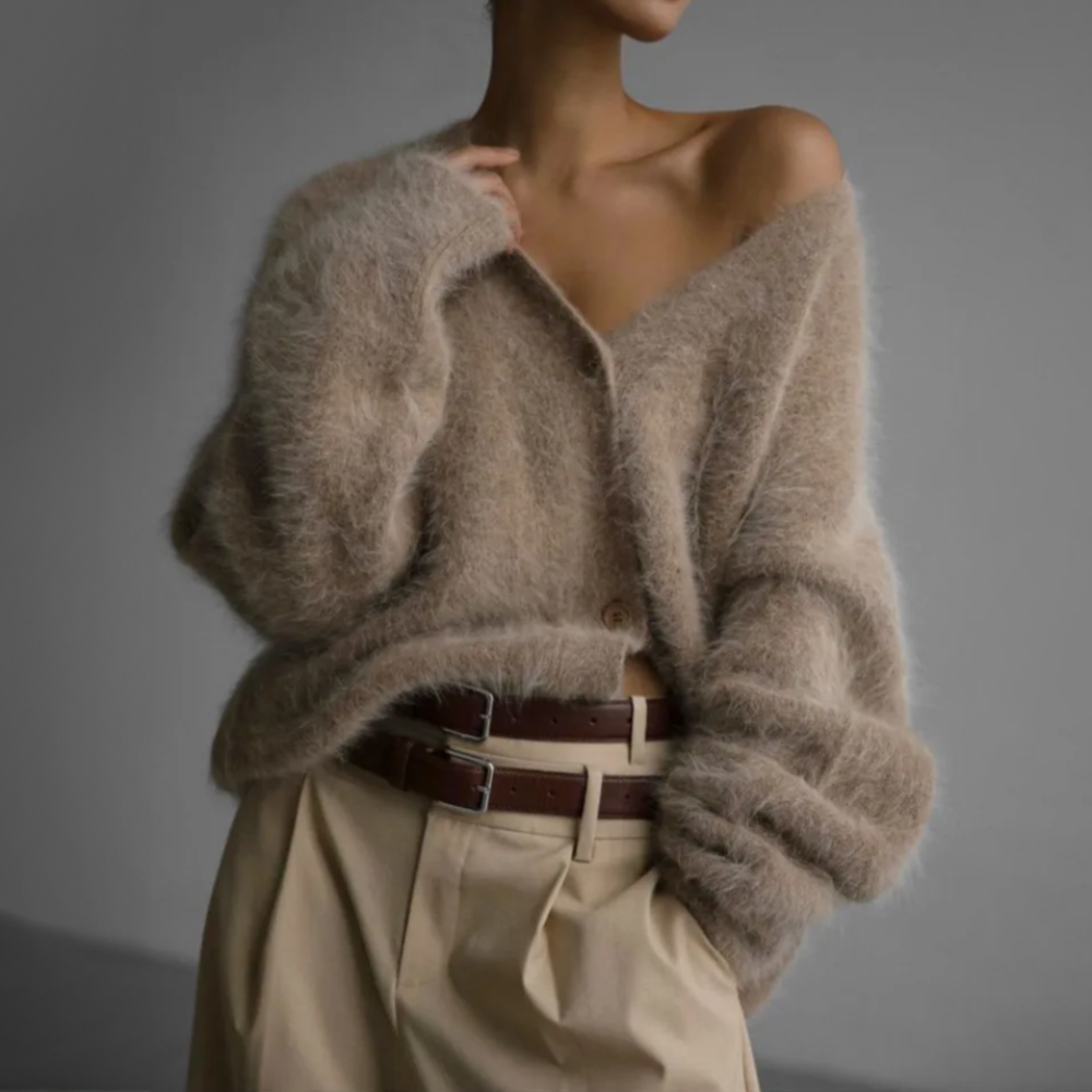Women's textured knit cardigan with V-neckline, long sleeves and button front