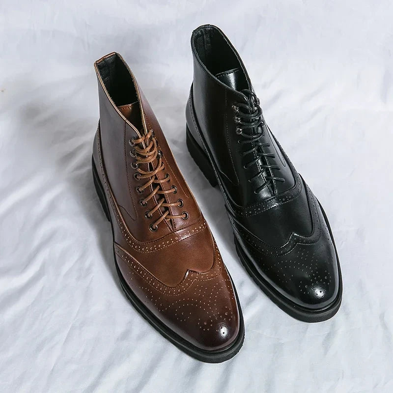 Men's ankle brogue boots with lace-up fronts, perforated detailing and low heels