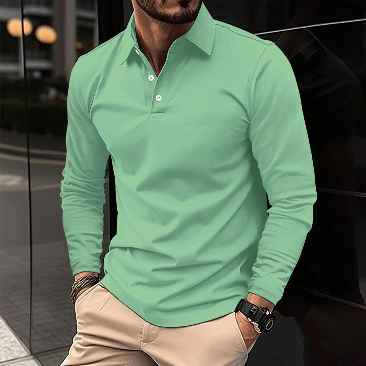 Men's long sleeve polo shirt with pointed collar and button placket