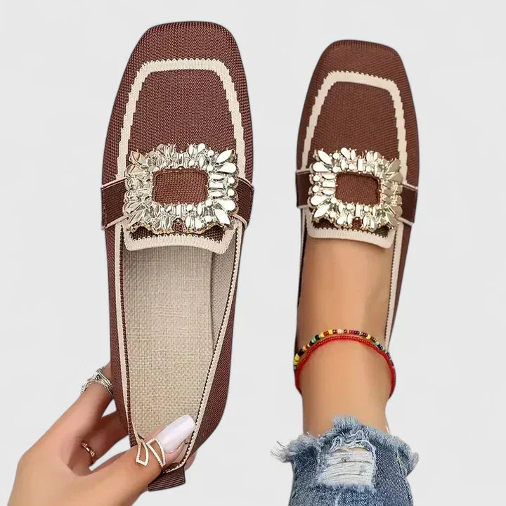 Women's square-toe loafers with ornate rectangular buckle and contrast trim