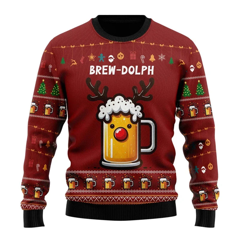 Men's festive Christmas jumper with beer graphics, long sleeves and ribbed trims