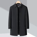 Men's plain trench coat jacket with long sleeves, snap front and quilted lining