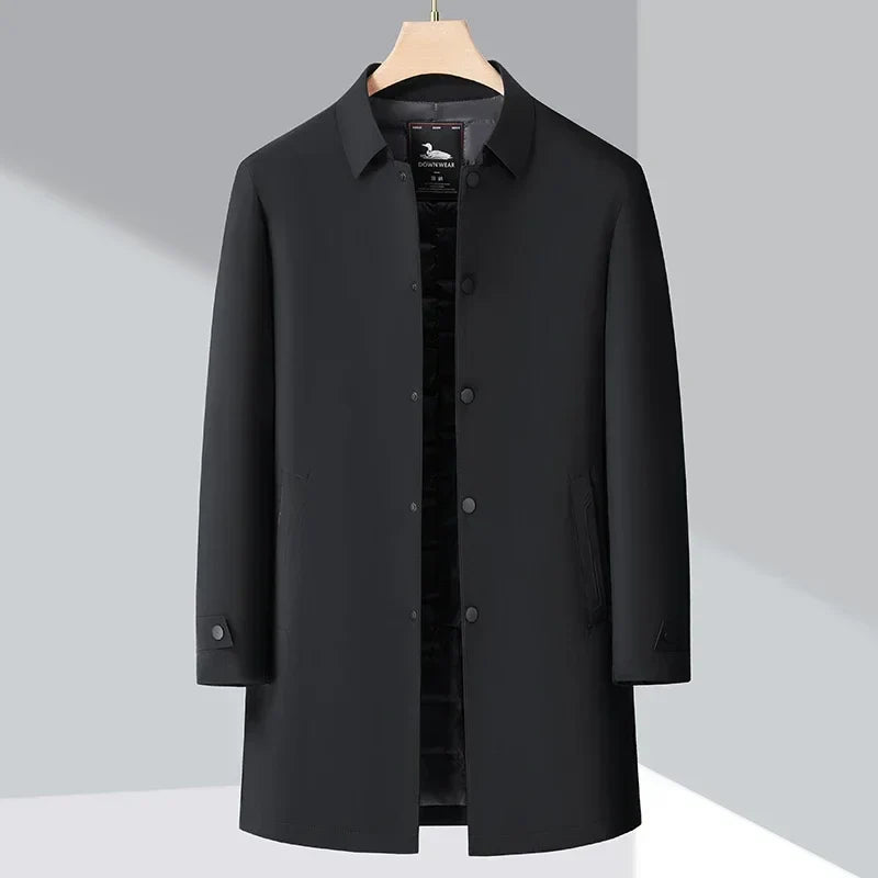 Men's plain trench coat jacket with long sleeves, snap front and quilted lining