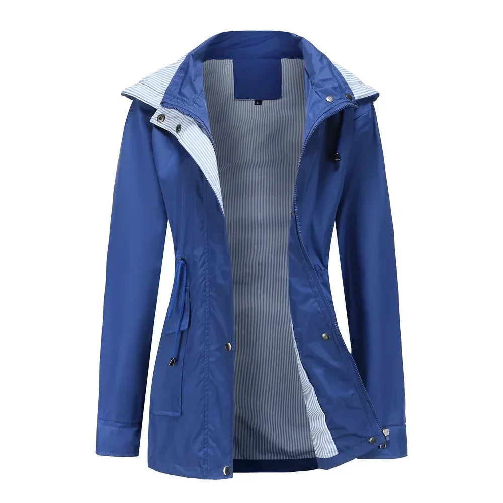 Women's hooded waterproof trench coat with long sleeves, zip front and striped lining