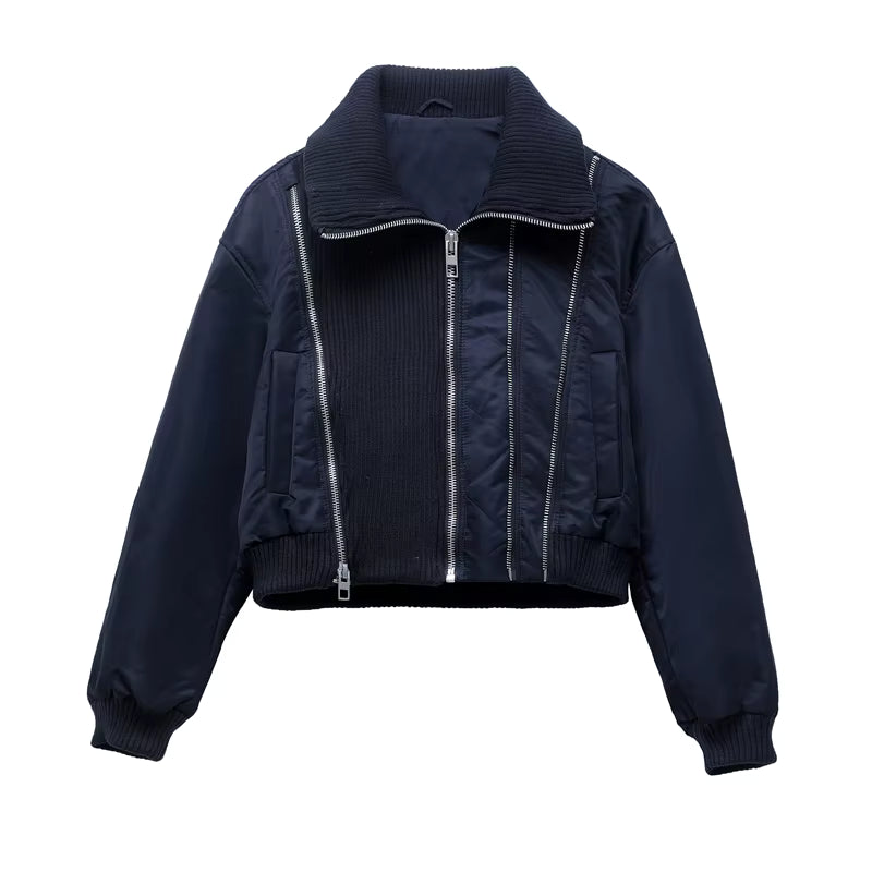 Women's navy cropped bomber jacket with ribbed collar and full zip