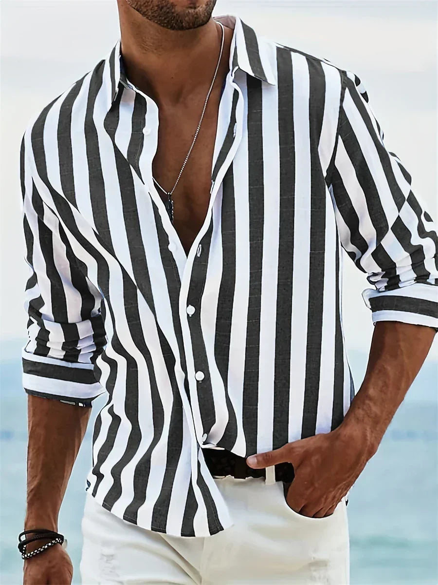 Men's striped collared shirt with rolled long sleeves and button front