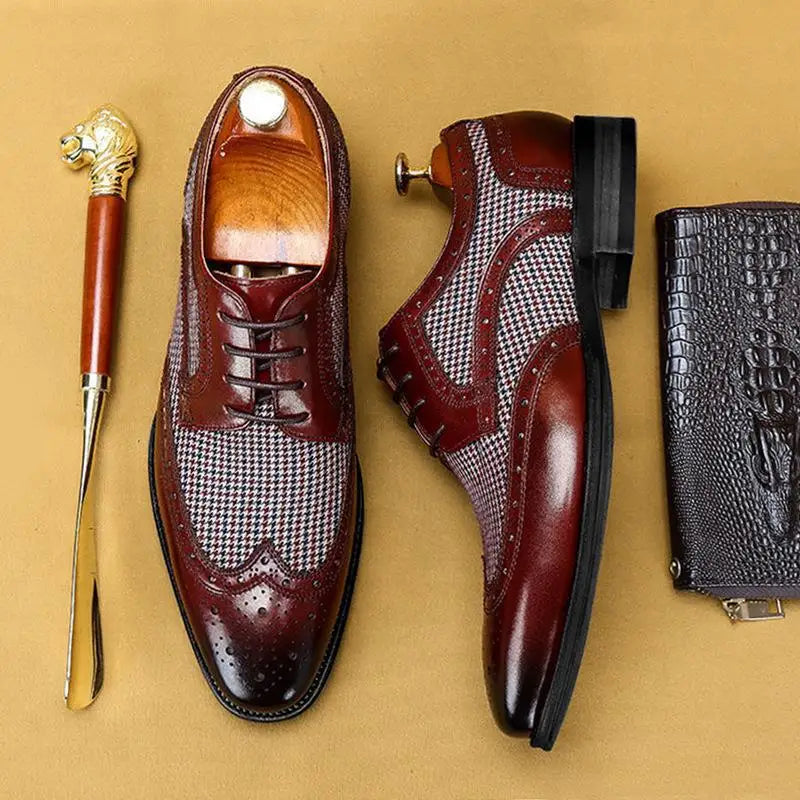 Men's brogue Oxford shoes with wingtip detailing and houndstooth panels