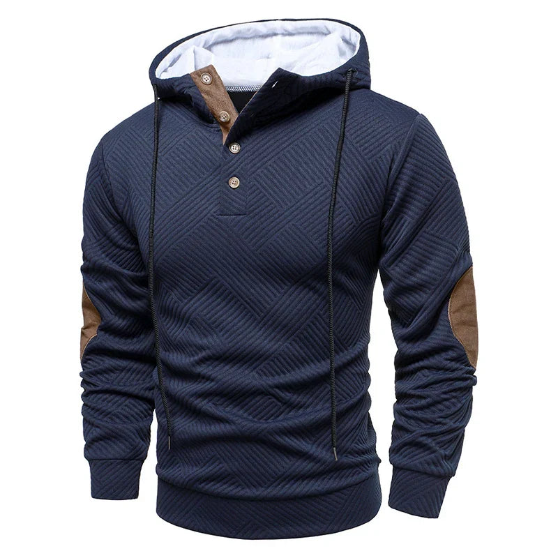 Men's textured geometric hoodie with drawstring hood, button placket and contrast elbow patches