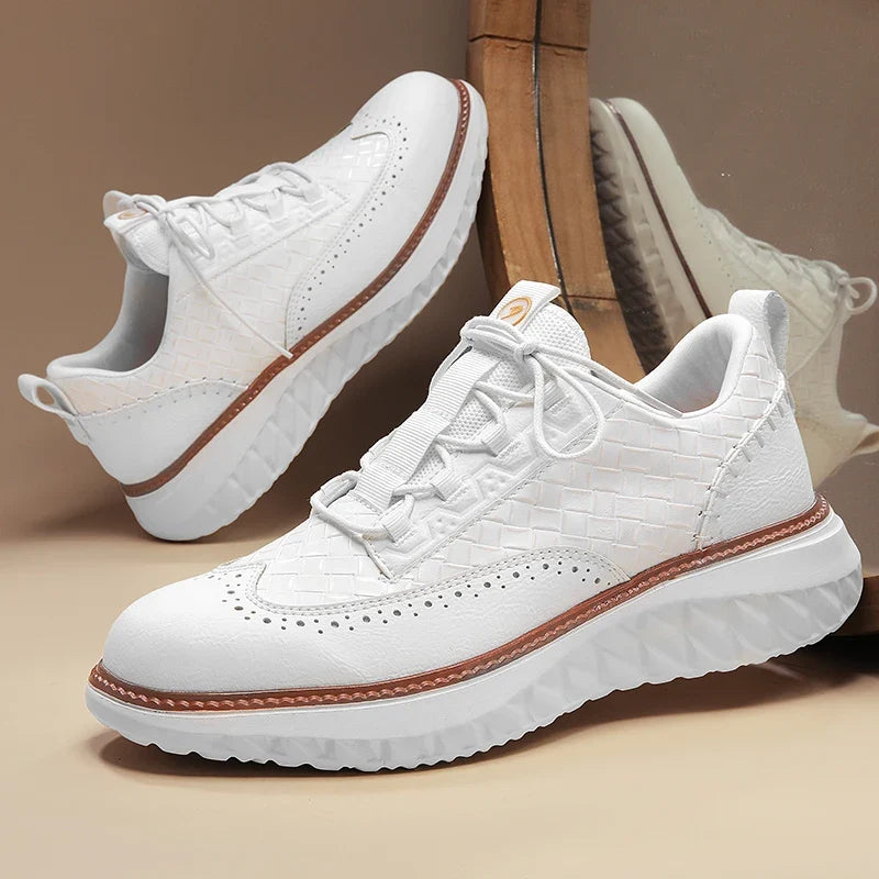 Textured lace-up trainers with round toe and layered flat sole